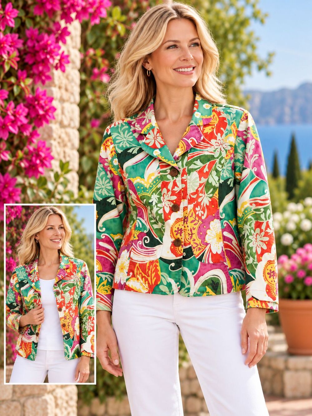 Coldwater Creek Petite Med Floral Jacket Womens Cotton Stretch Tropical Blazer